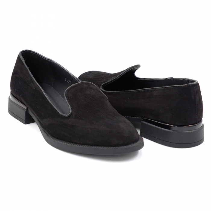 Pantofi dama casual loafers din piele naturala intoarsa neagra cu varf rotund si talpa joasa 2 cm 57617-24 [5]