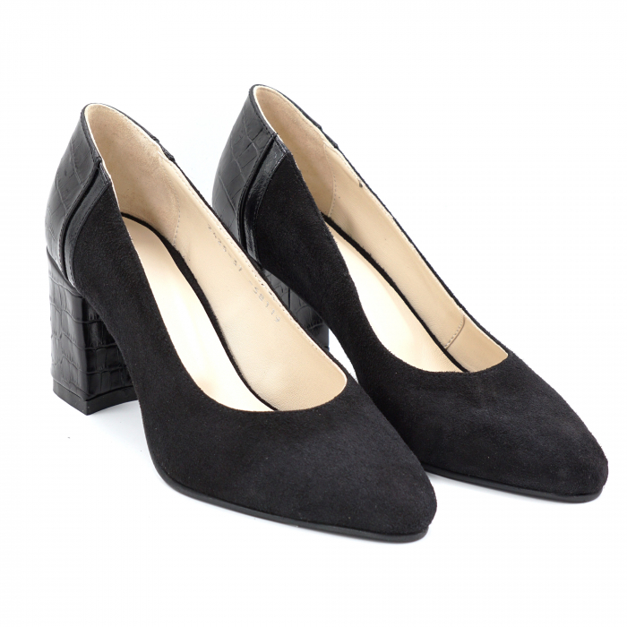 Pantofi dama din piele naturala intoarsa neagra si croco negru mat cu varf ascutit si toc mediu gros imbracat 7 cm 58119-24 [3]