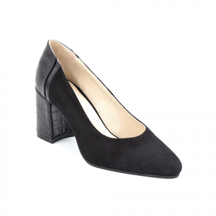 Pantofi dama din piele naturala intoarsa neagra si croco negru mat cu varf ascutit si toc mediu gros imbracat 7 cm 58119-24 [2]
