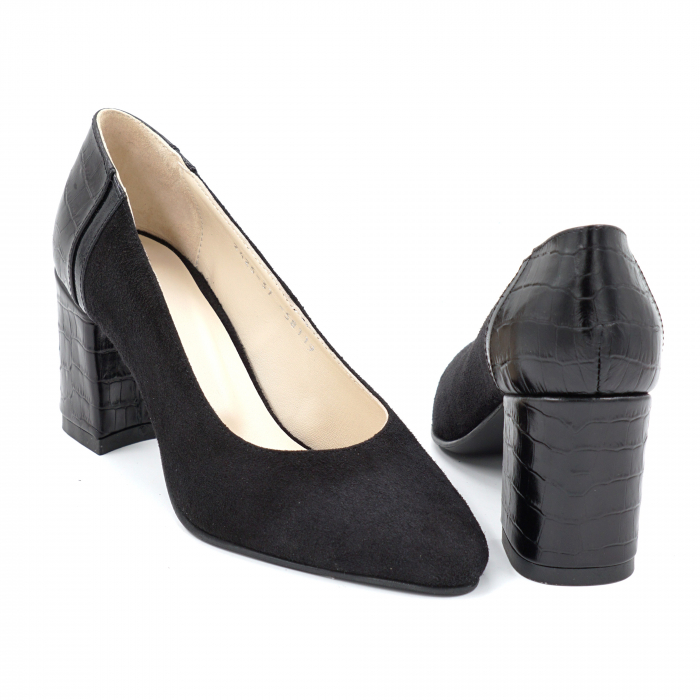 Pantofi dama din piele naturala intoarsa neagra si croco negru mat cu varf ascutit si toc mediu gros imbracat 7 cm 58119-24 [4]