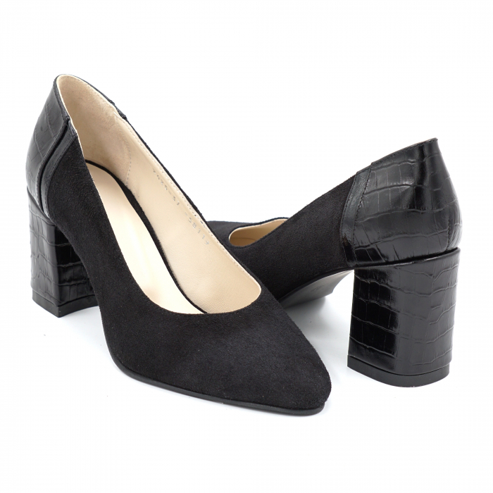 Pantofi dama din piele naturala intoarsa neagra si croco negru mat cu varf ascutit si toc mediu gros imbracat 7 cm 58119-24 [5]