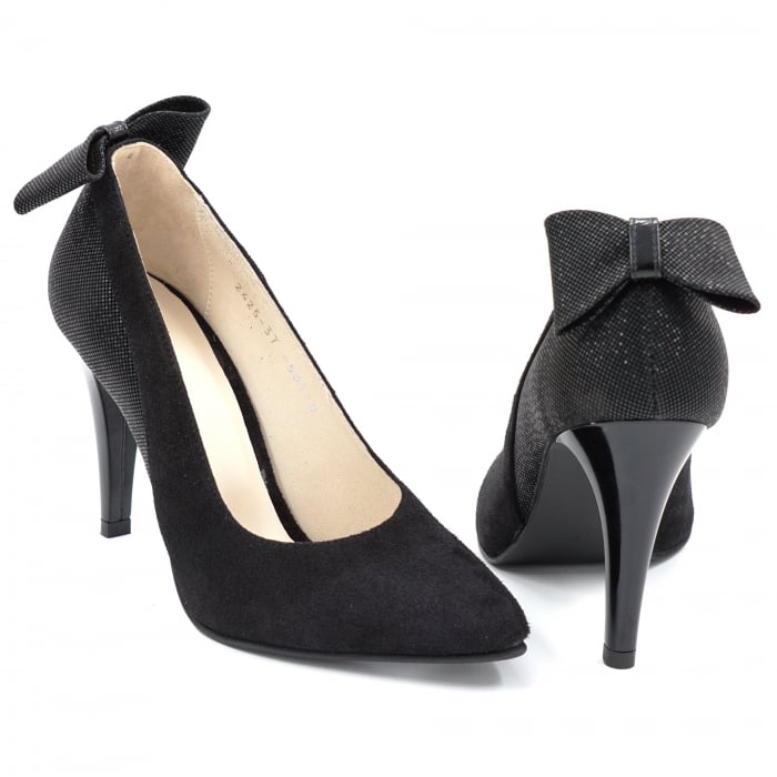 Pantofi dama din piele naturala intoarsa neagra cu varf ascutit stileto si toc inalt subtire 10 cm 58718-1-24 [4]