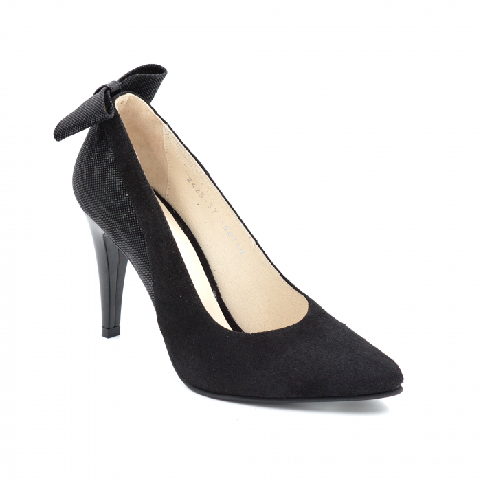 Pantofi dama din piele naturala intoarsa neagra cu varf ascutit stileto si toc inalt subtire 10 cm 58718-1-24 [2]