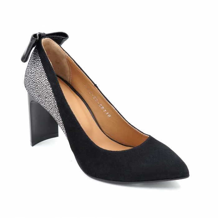 Pantofi dama din piele naturala intoarsa neagra si imprimeu argintiu cu varf ascutit stileto si toc mediu subtire tip bricheta 8 cm 58718-24 [3]