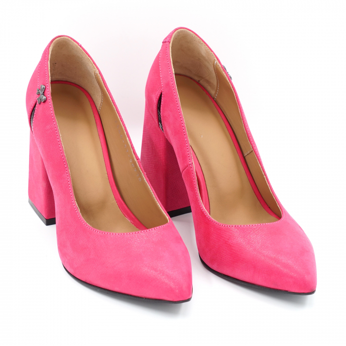 Pantofi dama din piele naturala fucsia sidefata cu varf ascutit stileto si toc inalt gros imbracat 9 cm 58918-24 [3]