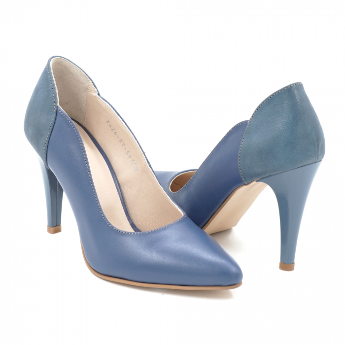 Pantofi dama din piele naturala albastra cu varf ascutit stileto si toc inalt subtire 10 cm 59320-1-24 [2]