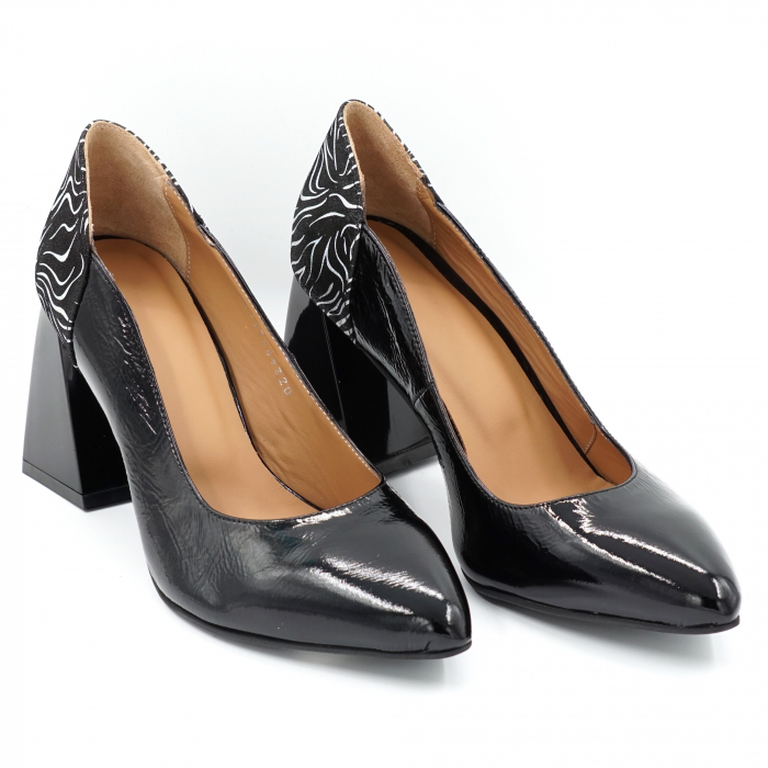 Pantofi dama din piele naturala lacuita neagra si cu imprimeu argintiu cu varf ascutit stileto si toc mediu gros 8 cm 59320-24 [3]