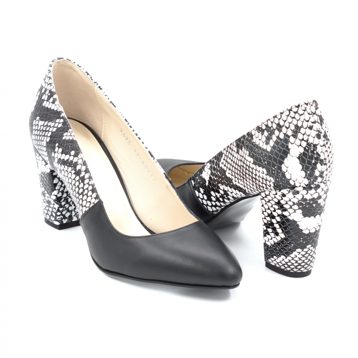 Pantofi dama din piele naturala neagra si cu imprimeu sarpe alb cu negru cu varf ascutit si toc mediu gros imbracat 7 cm 60217-1-24 [4]