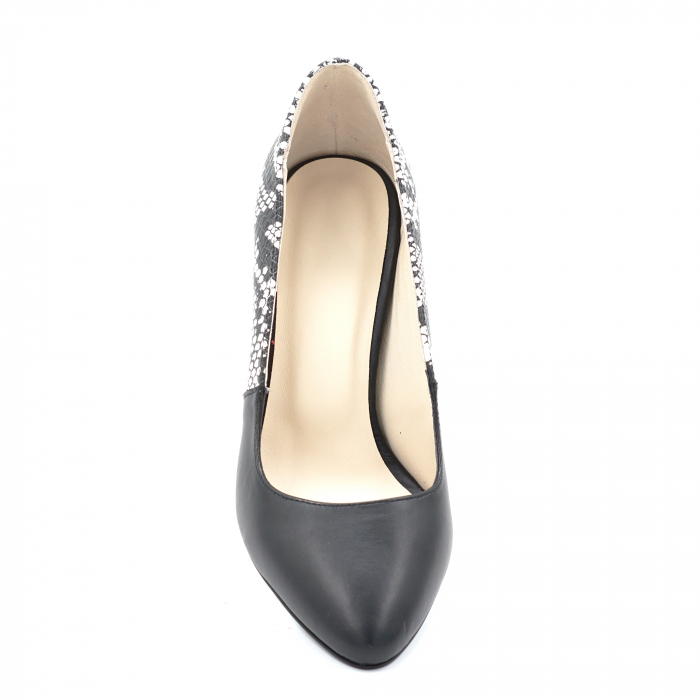 Pantofi dama din piele naturala neagra si cu imprimeu sarpe alb cu negru cu varf ascutit si toc mediu gros imbracat 7 cm 60217-1-24 [6]