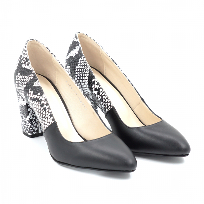 Pantofi dama din piele naturala neagra si cu imprimeu sarpe alb cu negru cu varf ascutit si toc mediu gros imbracat 7 cm 60217-1-24 [3]
