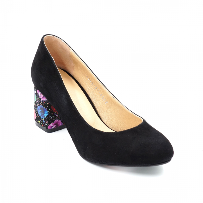 Pantofi dama din piele naturala intoarsa neagra si cu imprimeu floral cu varf rotund si toc mic gros imbracat 6 cm 6052-1-24 [2]
