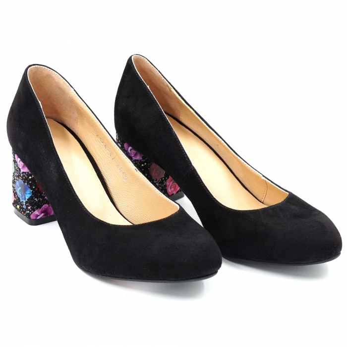 Pantofi dama din piele naturala intoarsa neagra si cu imprimeu floral cu varf rotund si toc mic gros imbracat 6 cm 6052-1-24 [3]