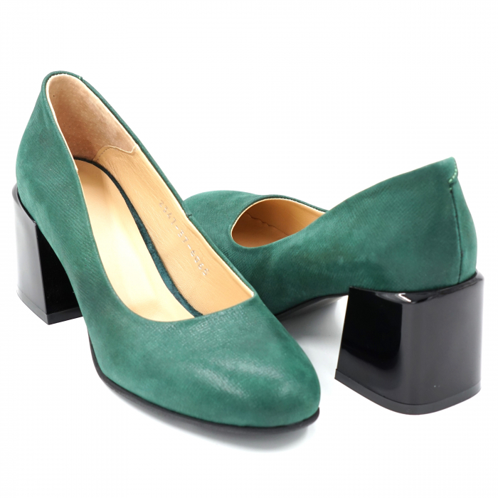 Pantofi dama din piele naturala verde marmorat cu varf rotund si toc mic gros 6 cm 6052-2-24 [4]