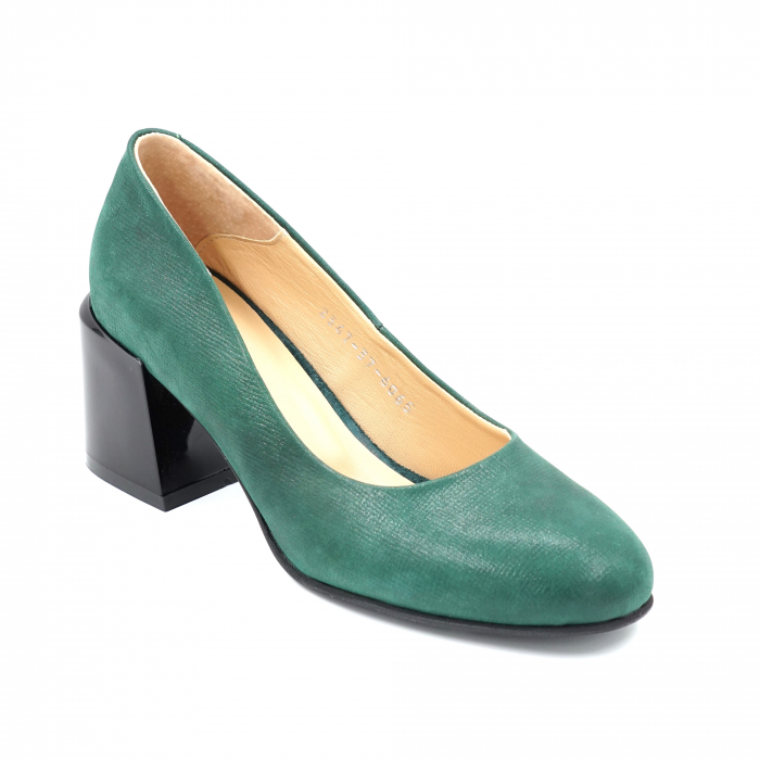 Pantofi dama din piele naturala verde marmorat cu varf rotund si toc mic gros 6 cm 6052-2-24 [2]