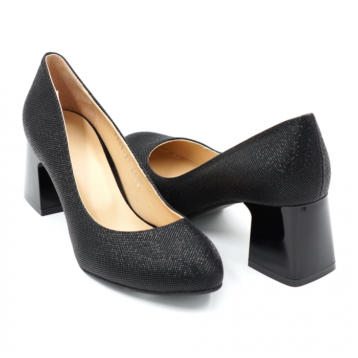 Pantofi dama din piele naturala neagra cu imprimeu croco cu varf rotund si toc mic gros 6 cm 6052-24 [2]