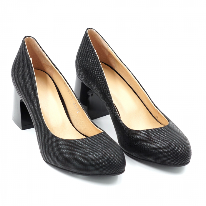 Pantofi dama din piele naturala neagra cu imprimeu croco cu varf rotund si toc mic gros 6 cm 6052-24 [3]