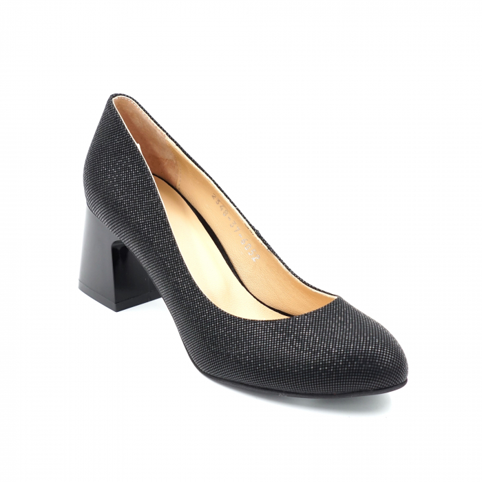 Pantofi dama din piele naturala neagra cu imprimeu croco cu varf rotund si toc mic gros 6 cm 6052-24 [4]