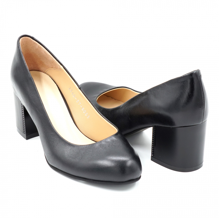 Pantofi dama din piele naturala neagra cu varf rotund si toc mic gros 6 cm 6055-1-24 [2]