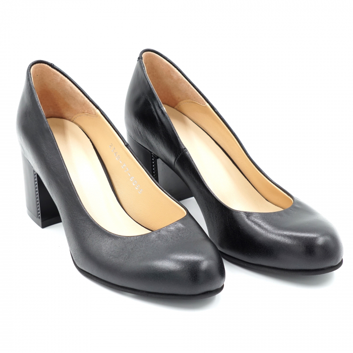 Pantofi dama din piele naturala neagra cu varf rotund si toc mic gros 6 cm 6055-1-24 [3]