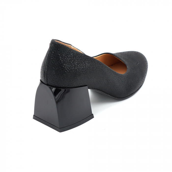 Pantofi dama din piele naturala neagra cu insertii cu varf rotund si toc mic gros 6 cm 6055-24 [3]