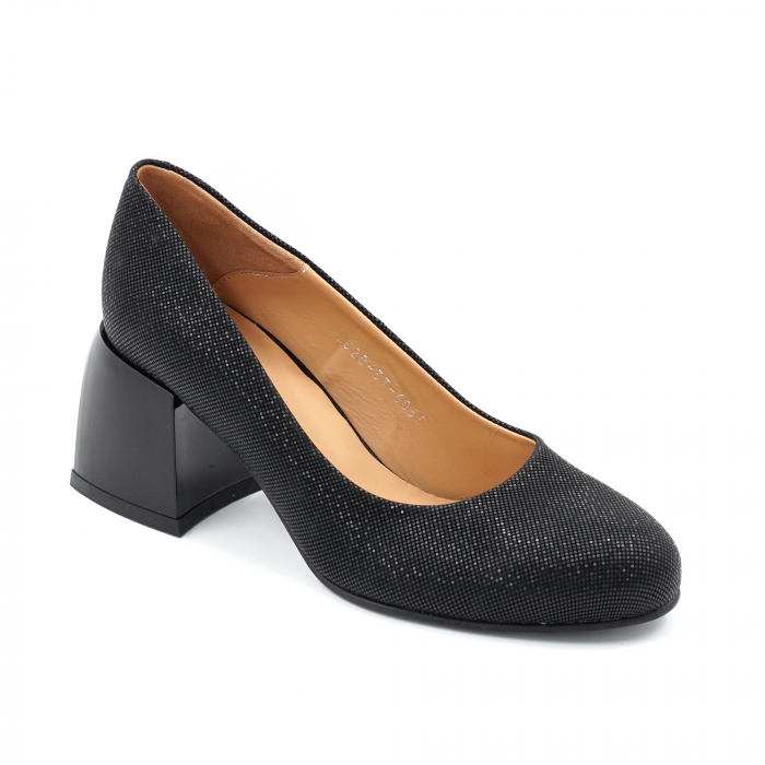 Pantofi dama din piele naturala neagra cu insertii cu varf rotund si toc mic gros 6 cm 6055-24 [2]