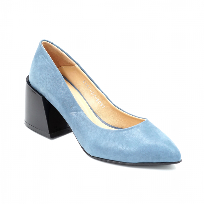Pantofi dama din piele naturala albastru bleu sidef cu varf ascutit stileto si toc mic gros 6 cm 6057-2-24 [2]