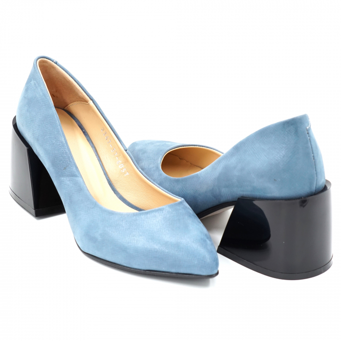 Pantofi dama din piele naturala albastru bleu sidef cu varf ascutit stileto si toc mic gros 6 cm 6057-2-24 [3]