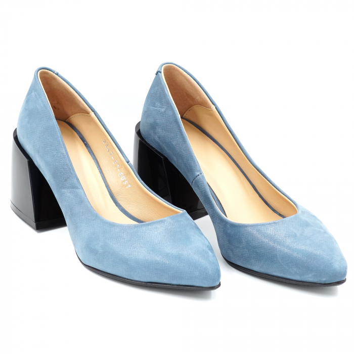 Pantofi dama din piele naturala albastru bleu sidef cu varf ascutit stileto si toc mic gros 6 cm 6057-2-24 [4]