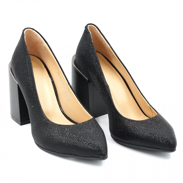 Pantofi dama din piele naturala neagra cu insertii cu varf ascutit stileto si toc mediu gros 8 cm 6057-24 [3]