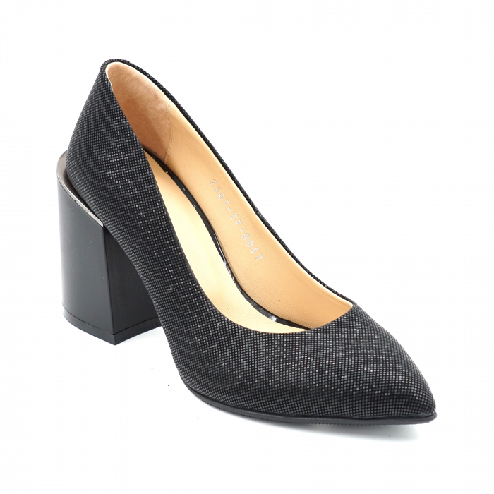 Pantofi dama din piele naturala neagra cu insertii cu varf ascutit stileto si toc mediu gros 8 cm 6057-24 [2]