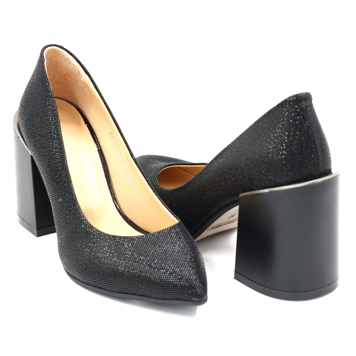 Pantofi dama din piele naturala neagra cu insertii cu varf ascutit stileto si toc mediu gros 8 cm 6057-24 [4]