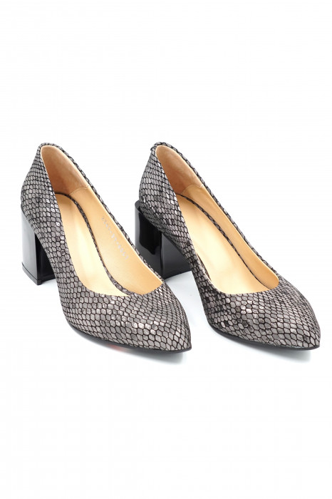 Pantofi dama din piele naturala imprimeu sarpe argintiu gri cu varf ascutit stileto si toc mic gros 6 cm 6057-4-24 [3]