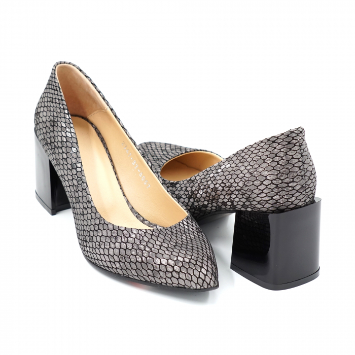 Pantofi dama din piele naturala imprimeu sarpe argintiu gri cu varf ascutit stileto si toc mic gros 6 cm 6057-4-24 [4]