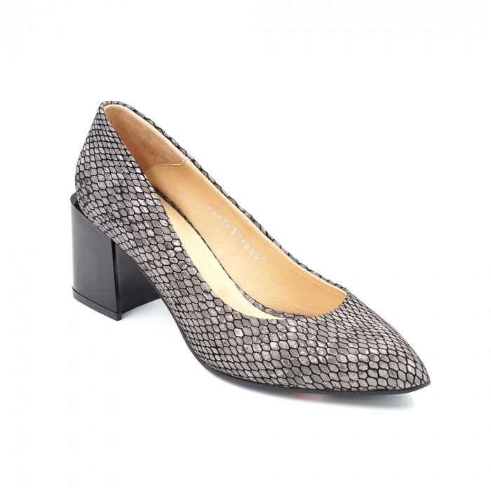 Pantofi dama din piele naturala imprimeu sarpe argintiu gri cu varf ascutit stileto si toc mic gros 6 cm 6057-4-24 [2]