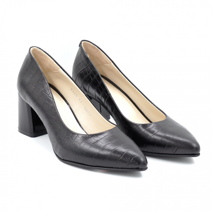 Pantofi dama din piele naturala croco negru mat cu varf ascutit stileto si toc mic gros 6 cm 6057-5-24 [3]