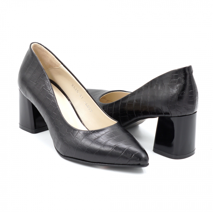 Pantofi dama din piele naturala croco negru mat cu varf ascutit stileto si toc mic gros 6 cm 6057-5-24 [4]
