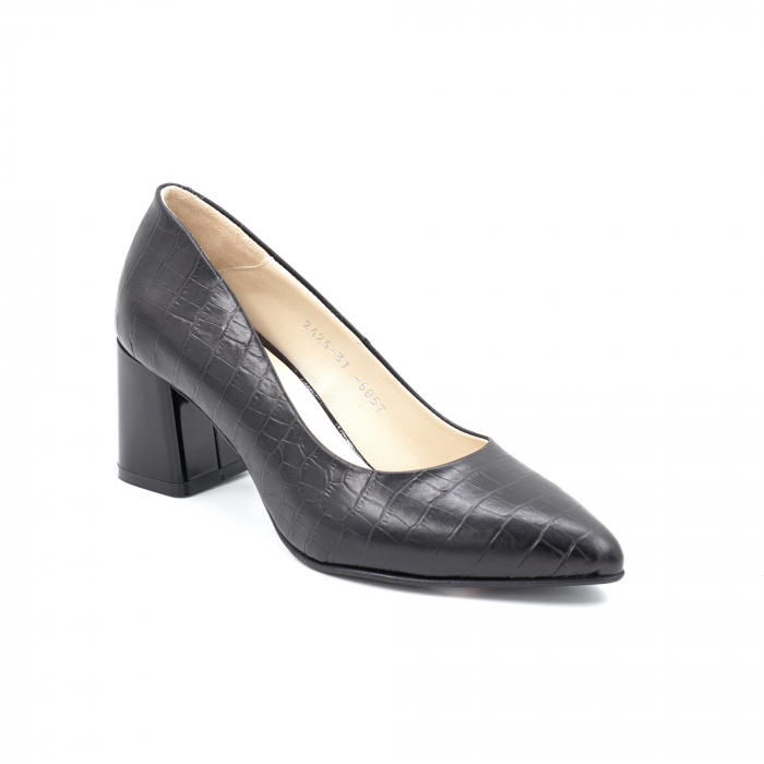 Pantofi dama din piele naturala croco negru mat cu varf ascutit stileto si toc mic gros 6 cm 6057-5-24 [2]