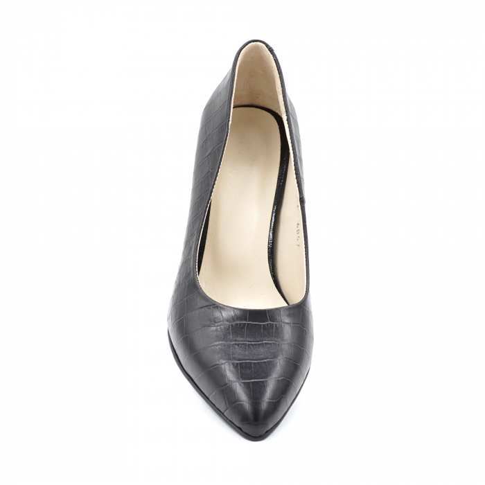 Pantofi dama din piele naturala croco negru mat cu varf ascutit stileto si toc mic gros 6 cm 6057-5-24 [5]