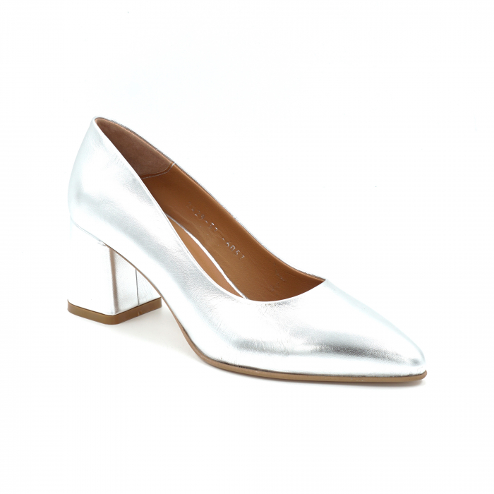 Pantofi dama din piele naturala culoare argintie cu varf ascutit stlileto si toc mic gros imbracat 6 cm 6057-7-24 [2]