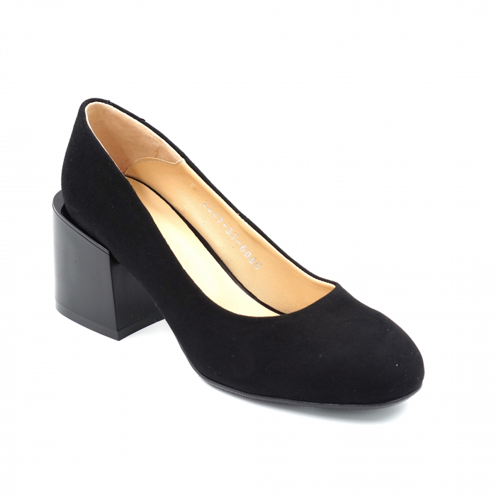 Pantofi dama din piele naturala intoarsa neagra cu varf rotund si toc mic gros 6 cm 6065-1-24 [2]