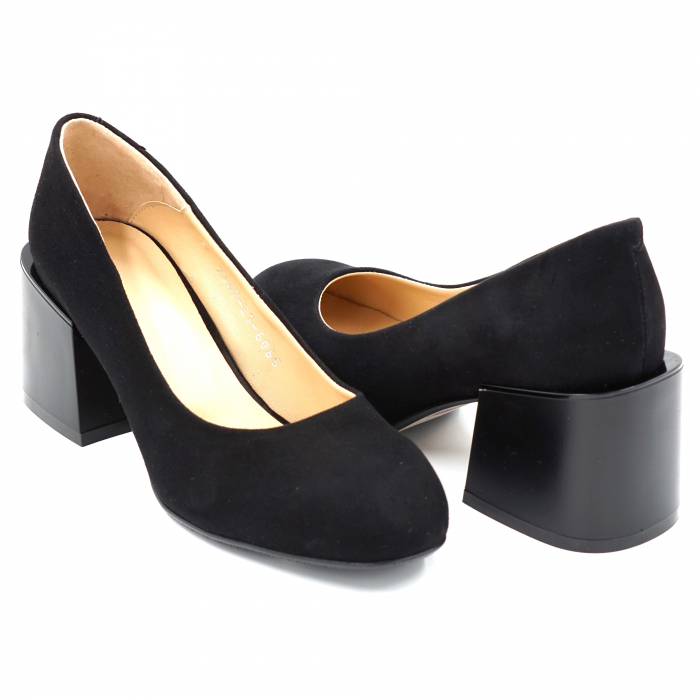 Pantofi dama din piele naturala intoarsa neagra cu varf rotund si toc mic gros 6 cm 6065-1-24 [4]