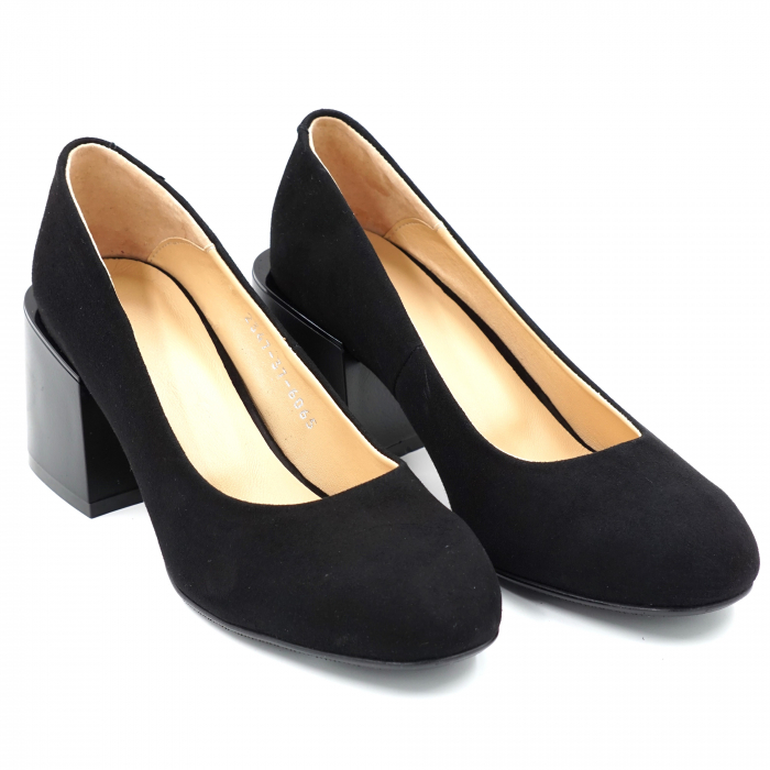 Pantofi dama din piele naturala intoarsa neagra cu varf rotund si toc mic gros 6 cm 6065-1-24 [3]