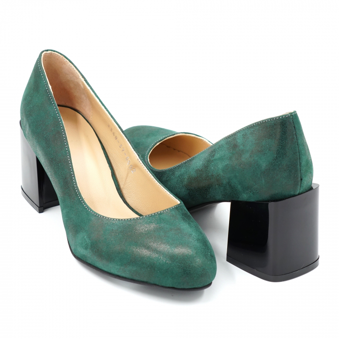 Pantofi dama din piele naturala verde marmorat smarald cu varf rotund si toc mic gros 6 cm 6065-2-24 [4]