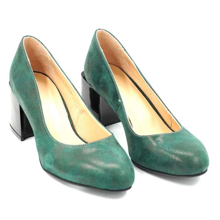 Pantofi dama din piele naturala verde marmorat smarald cu varf rotund si toc mic gros 6 cm 6065-2-24 [3]