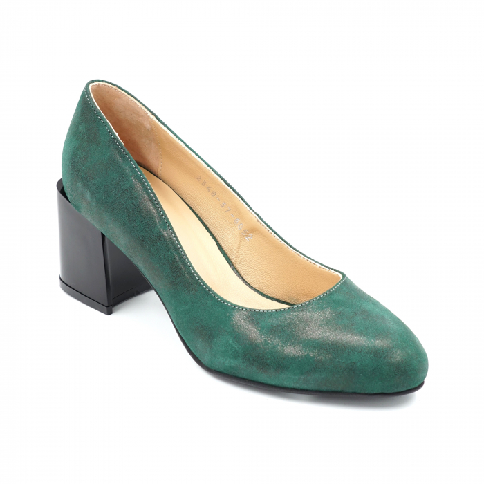 Pantofi dama din piele naturala verde marmorat smarald cu varf rotund si toc mic gros 6 cm 6065-2-24 [2]