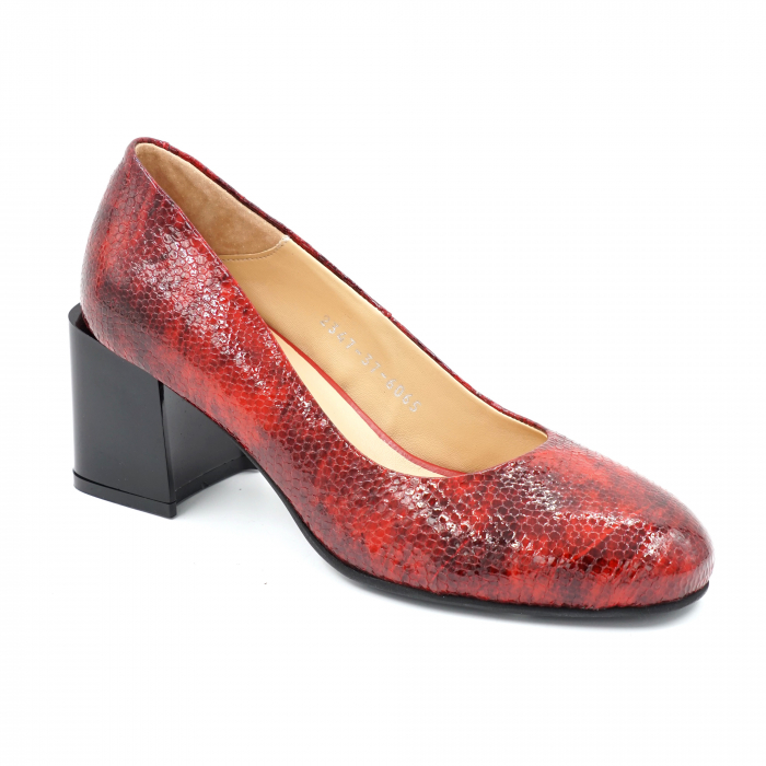 Pantofi dama din piele naturala lacuita croco rosu marmorat cu varf rotund si toc mic gros 6 cm 6065-24 [2]