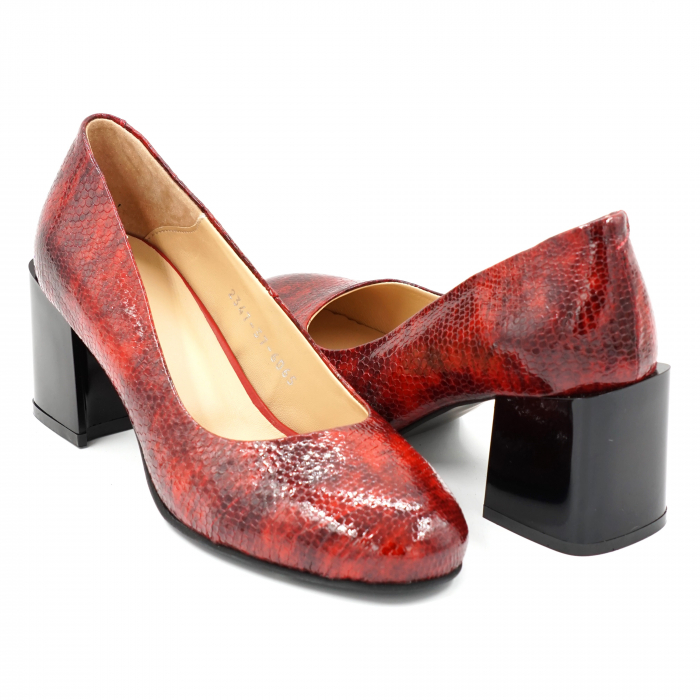 Pantofi dama din piele naturala lacuita croco rosu marmorat cu varf rotund si toc mic gros 6 cm 6065-24 [3]