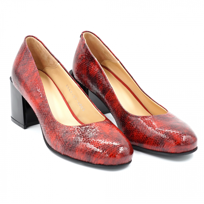 Pantofi dama din piele naturala lacuita croco rosu marmorat cu varf rotund si toc mic gros 6 cm 6065-24 [4]