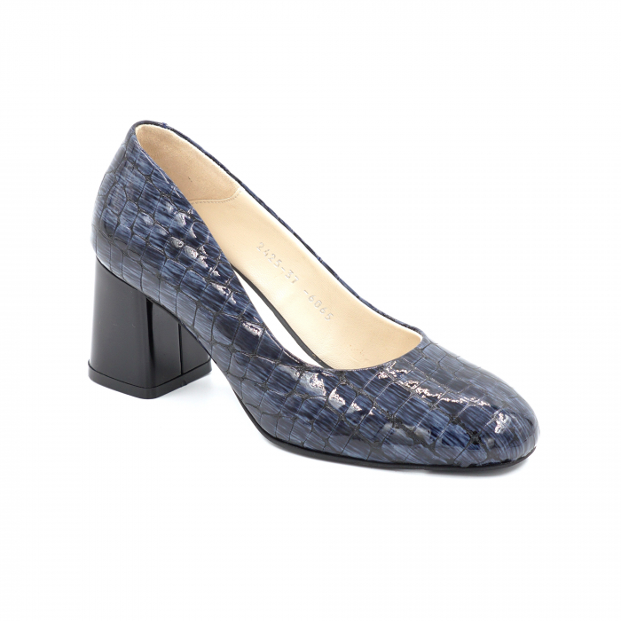 Pantofi dama din piele naturala croco lacuit bleumaren cu varf rotund si toc mic gros 6 cm 6065-3-24 [2]