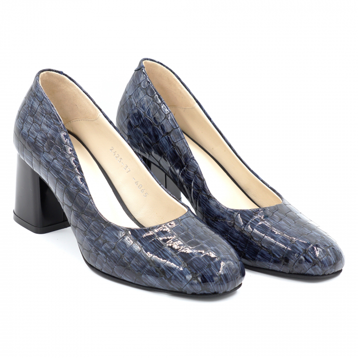 Pantofi dama din piele naturala croco lacuit bleumaren cu varf rotund si toc mic gros 6 cm 6065-3-24 [4]
